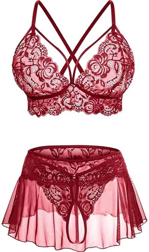 Set di lingerie 3 pezzi - Abbigliamento da notte trasparente - Babydoll con bordo - Reggiseno a push-up - Tanga sexy - Progetto seducente