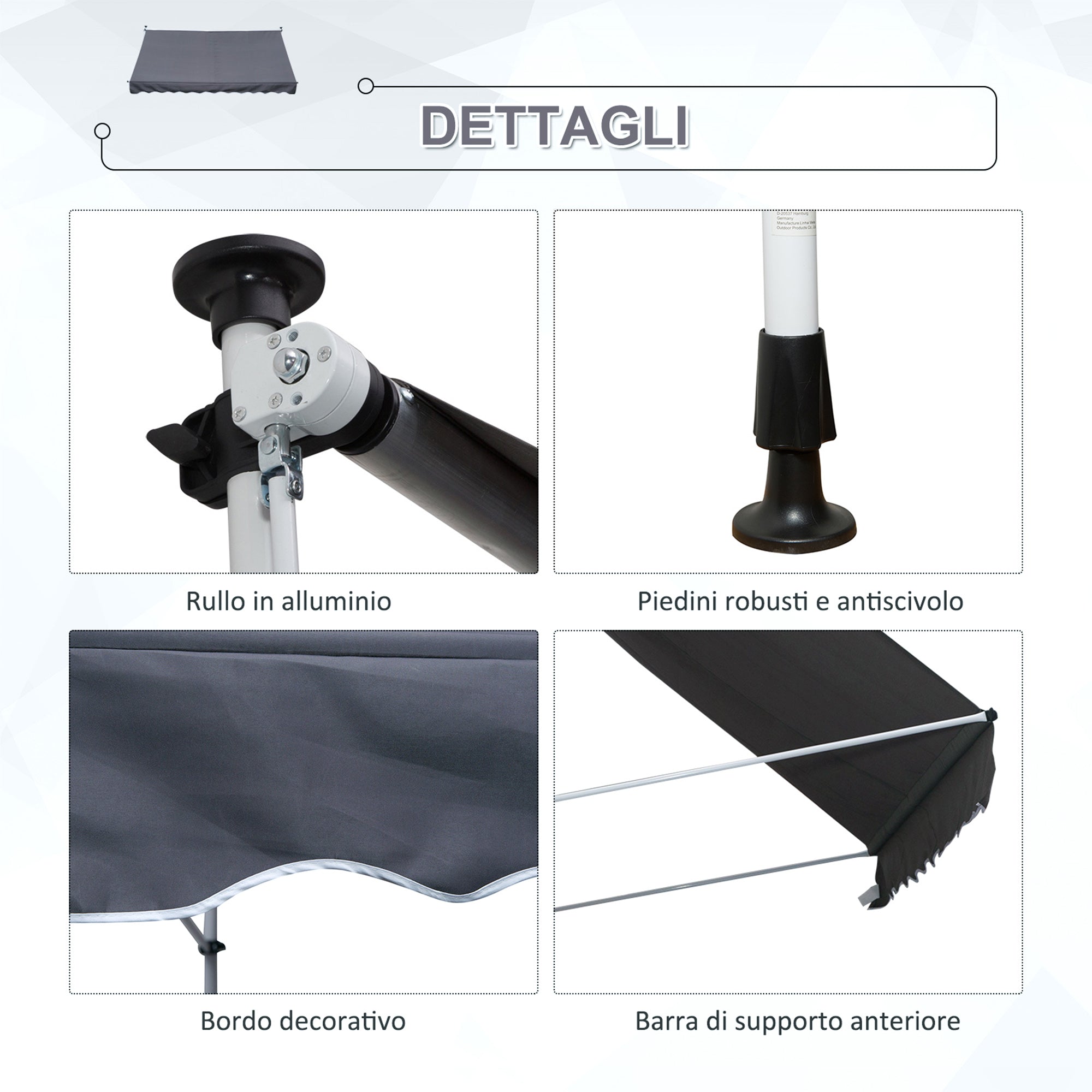 Tenda da Sole a Muro 300x150 cm in Metallo e Poliestere Grigio