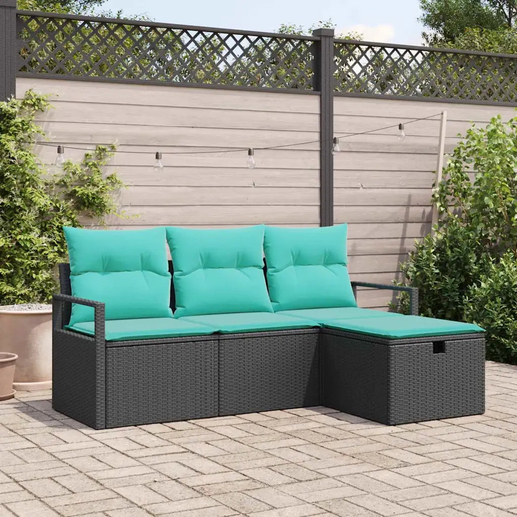 Set di divani con cuscino 4 pcs Nero e Turchese polyrattan