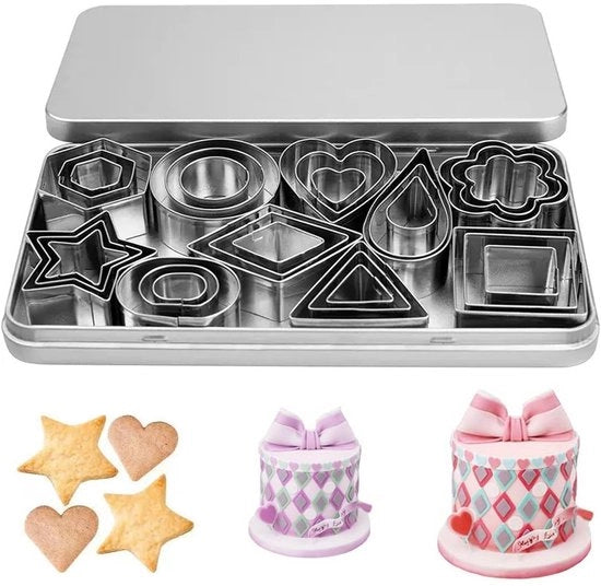 Set di 30 forme per biscotti in acciaio inossidabile, forme geometriche per biscotti, forme mini per biscotti con scatola di conservazione per biscotti, torte e cioccolato (3 dimensioni, 10 forme)
