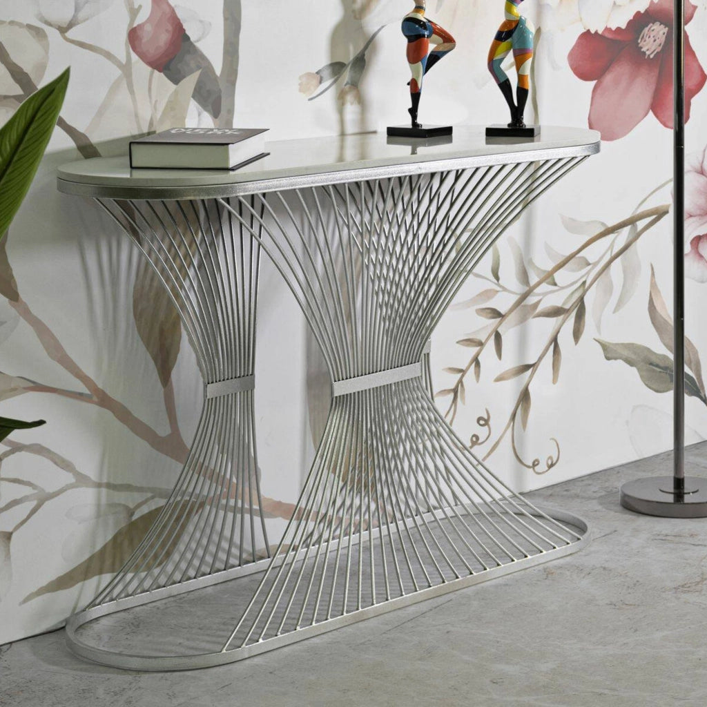 Consolle Branduzzo, Tavolo multiuso, Mobiletto d'appoggio, Scrivania da corridoio, 120x35 h79 cm, Argento