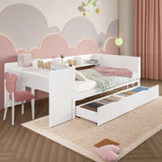 Letto basso in legno con scrivania; 2 cassetti e 3 ripiani; pino e truciolare; bianco; 90x200 cm; senza materasso
