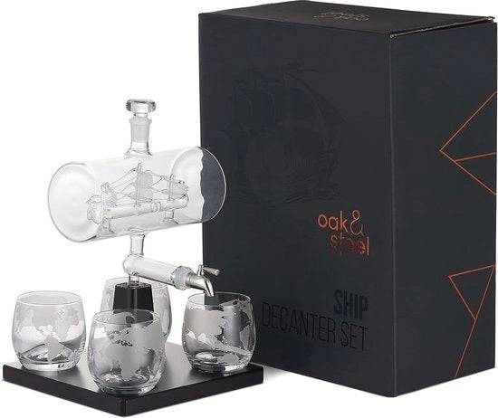 Set di Whisky e Bicchieri - Yacht 1000ml con Rubinetto in Acciaio Inossidabile e 4 Bicchieri 300ml - Ideale Regalo per Uomini