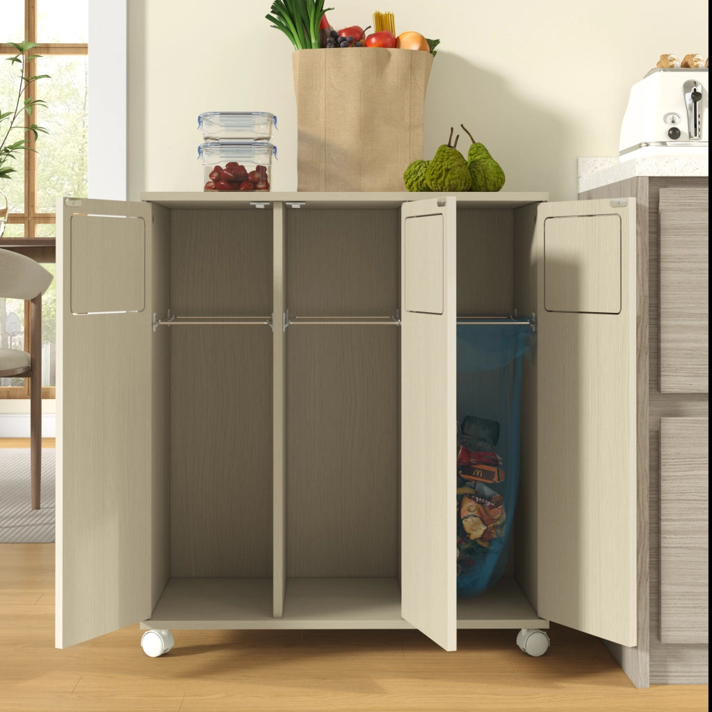 Armadio porta rifiuti a 3 scomparti su ruote, effetto legno chiaro, 69,3x35x80 cm