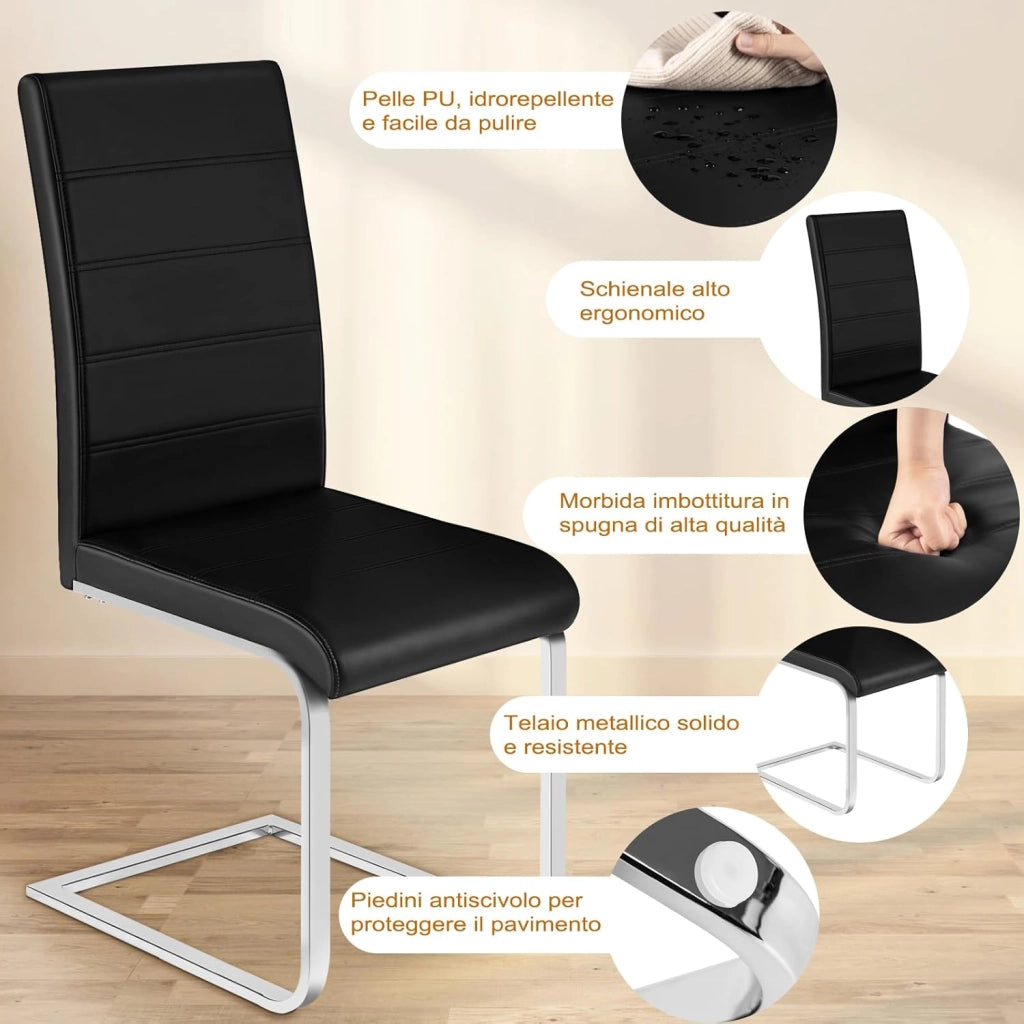 Set di 4 Sedie per Sala da Pranzo, Sedie da Cucina Moderne con Schienale Alto, Sedie Cantilever Imbottite Ergonomiche per Soggiorno, Ufficio, in PU, Nero, BH378sz-4
