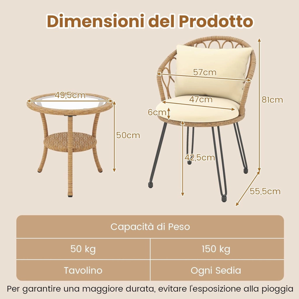 Set da Bistrò in PE Rattan 3 Pezzi, Set Conversazione con Cuscini e Tavolino da Caffè in Vetro Temperato a 2 Livelli, Mobili da Esterno con Sedie in Rattan per Balcone, Terrazza e Giardino