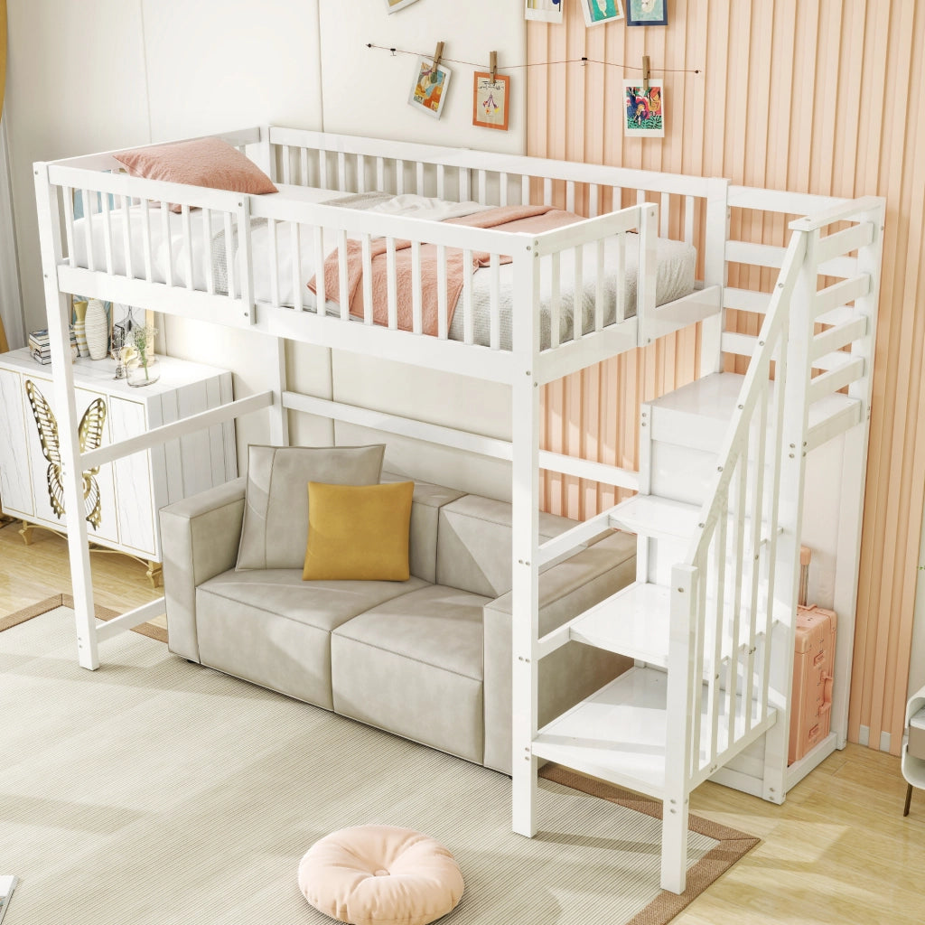 Letto a castello bianco in legno con scala e ripiano portaoggetti 90x200 cm