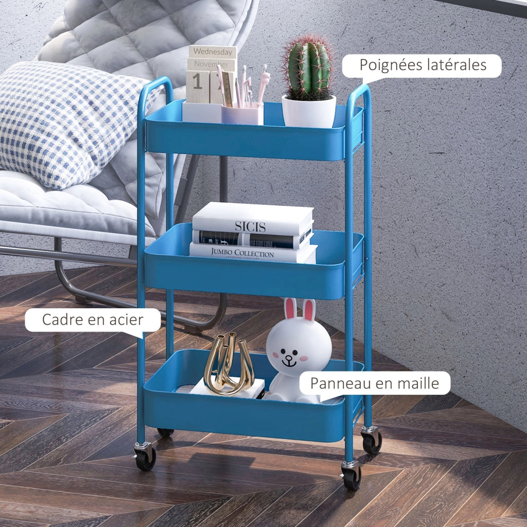 Carrello di servizio con 3 ripiani forati ¨C Zephmum ¨C Blu scuro 45x31x79 cm