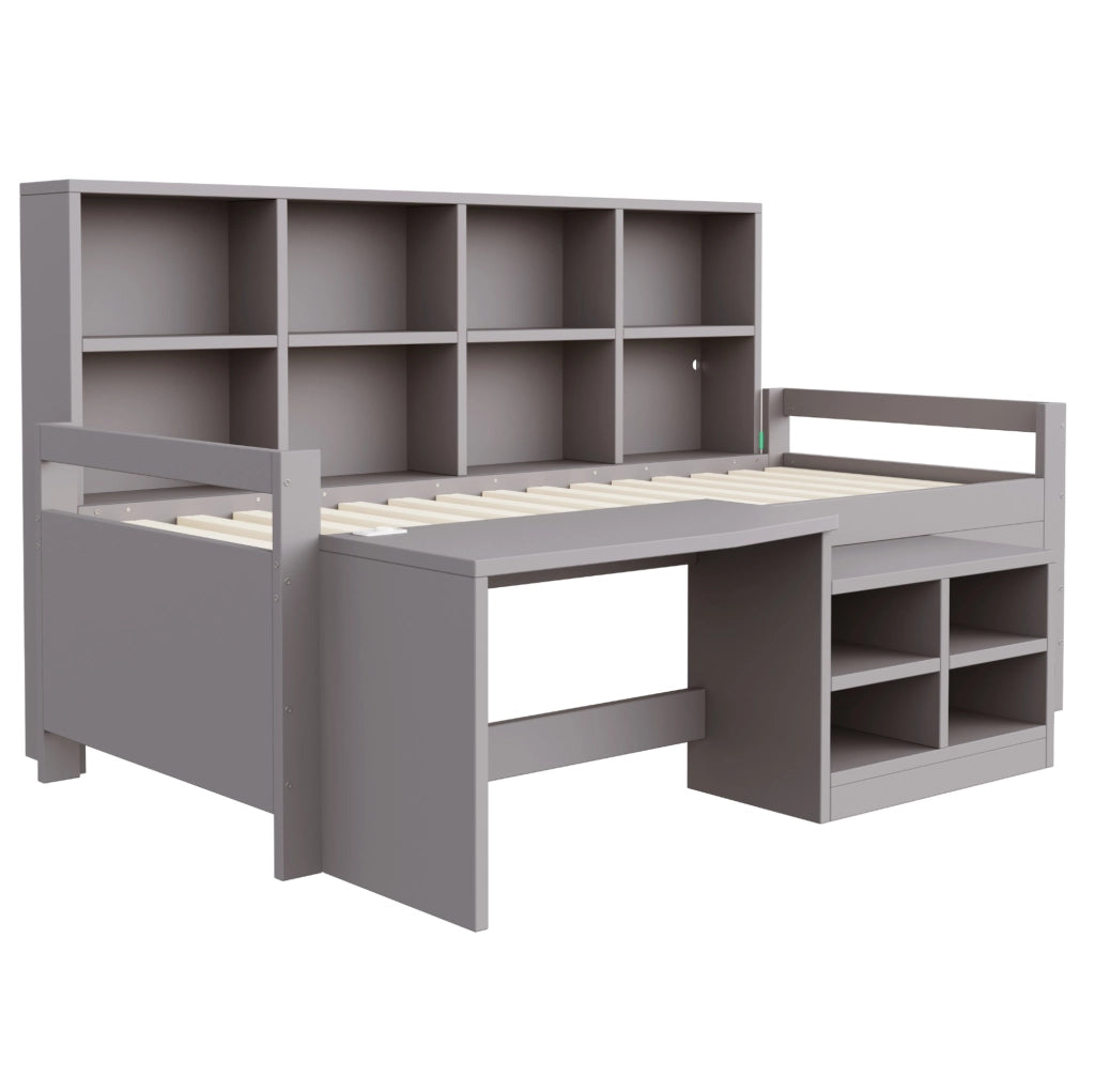 Letto singolo multifunzione 90x200 cm con scrivania; vani contenitore e LED; grigio