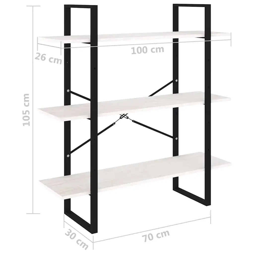 Libreria a 3 Ripiani Bianca 100x30x105 cm in Massello di Pino cod mxl 17339