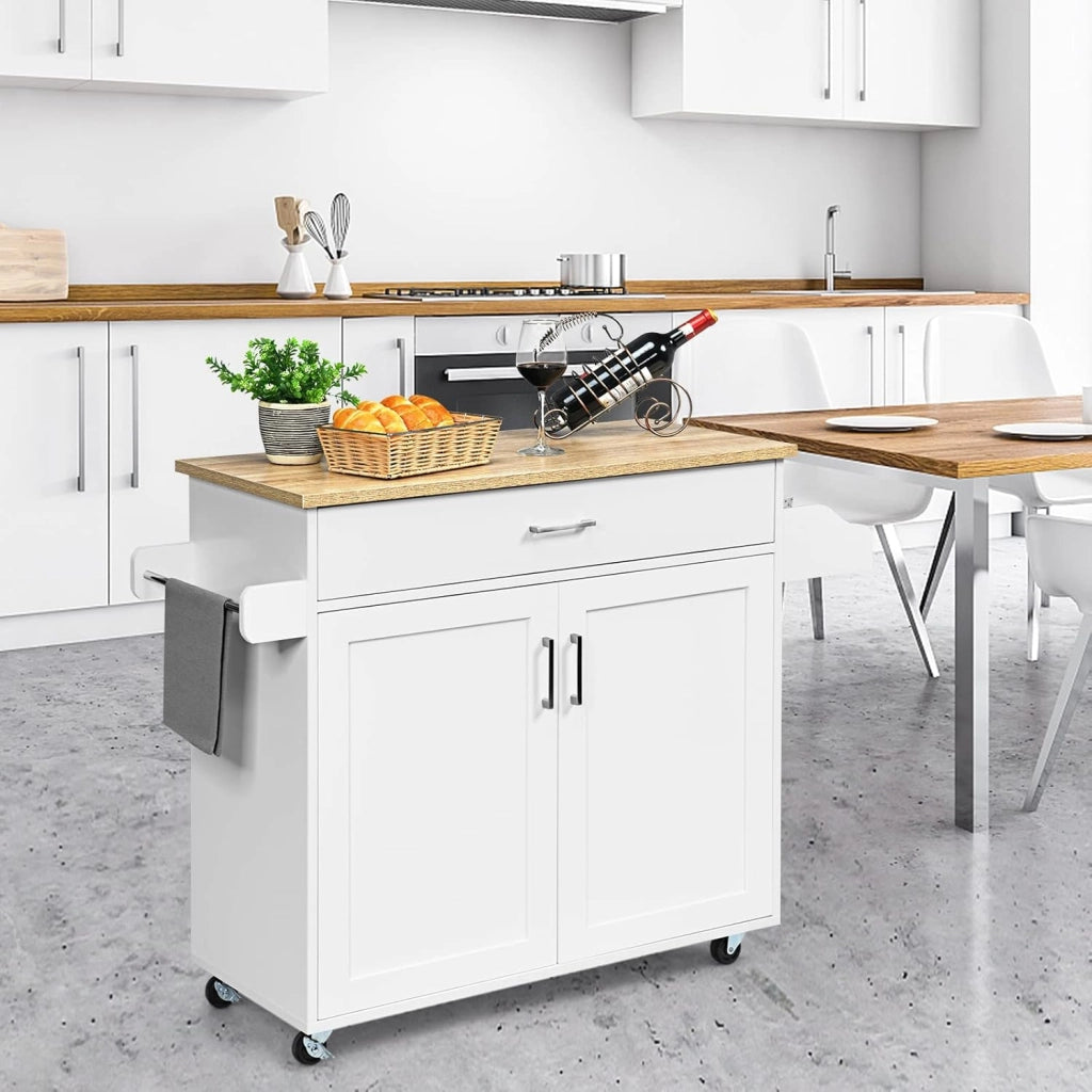 Carrello da Cucina con Ruote di Gomma, Isola Cucina con Cassetto e Ripiano Regolabile, Mobile Credenza Salvaspazio Porta Microonde, Portaspezie, Portasciugamani, 116 x 40 x 85 cm (Bianco)