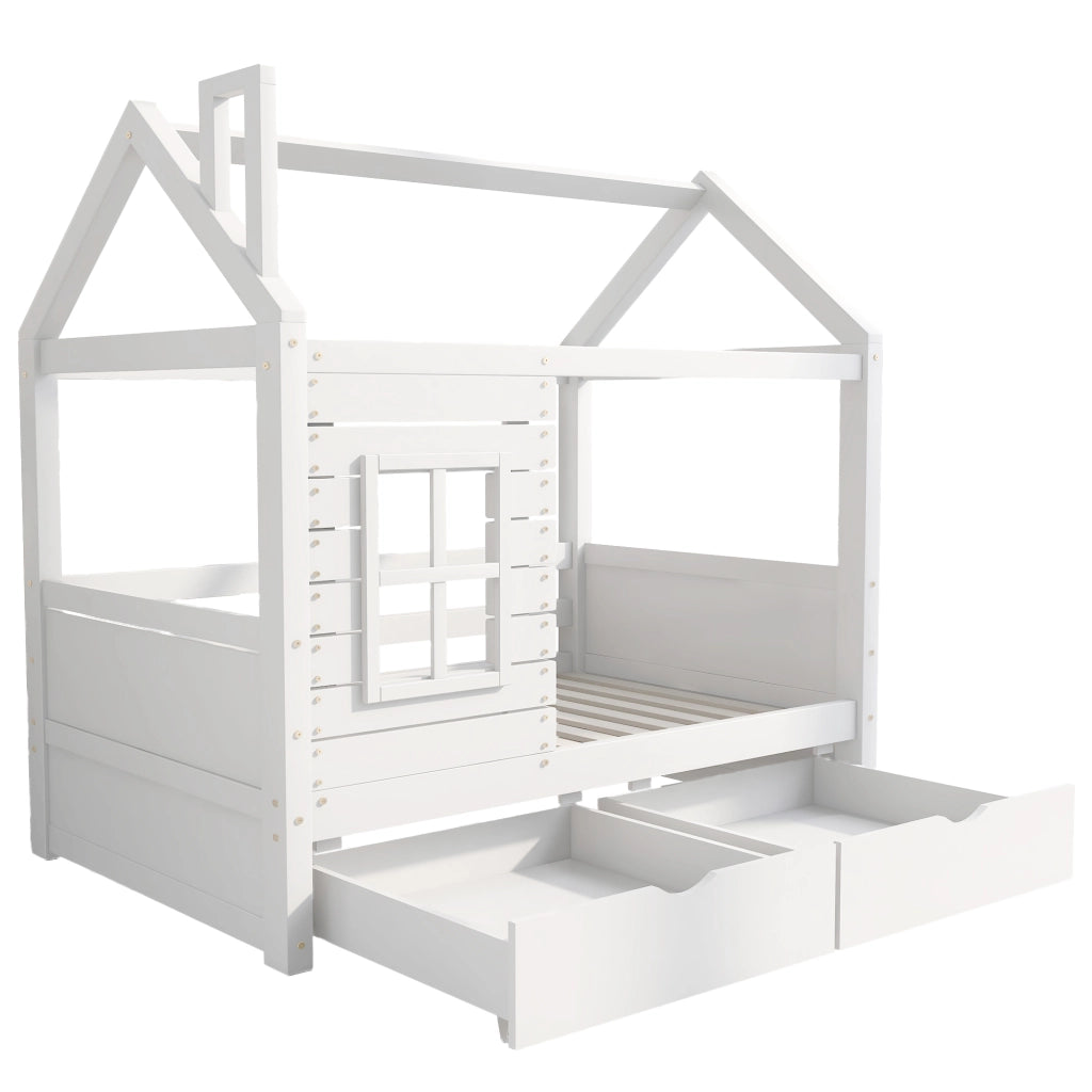 Letto per bambini in legno massello di pino bianco 80x160 cm con sponde, finestre decorative, reti a doghe e 2 cassetti contenitore