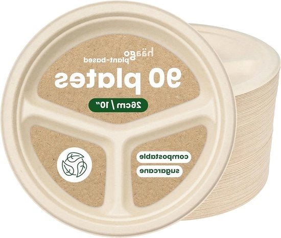 90 Piatti Biodegradabili - 3 Cassetti di Sacchetti di Canna da Zucchero - Ambientalmente Piatto e Compostabile