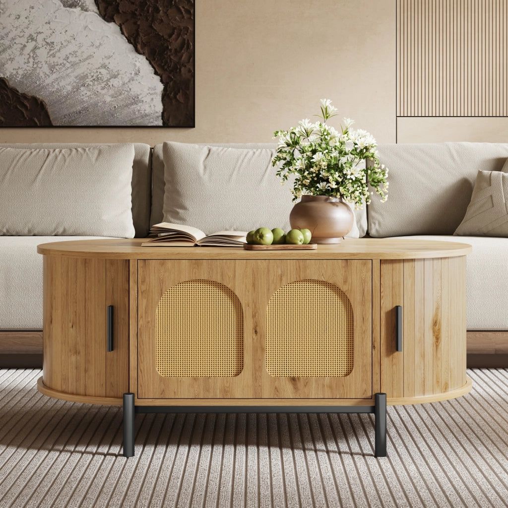 TAVOLINO DA SALOTTO Ovale 100x50x40 cm MDF Naturale con ante in rattan