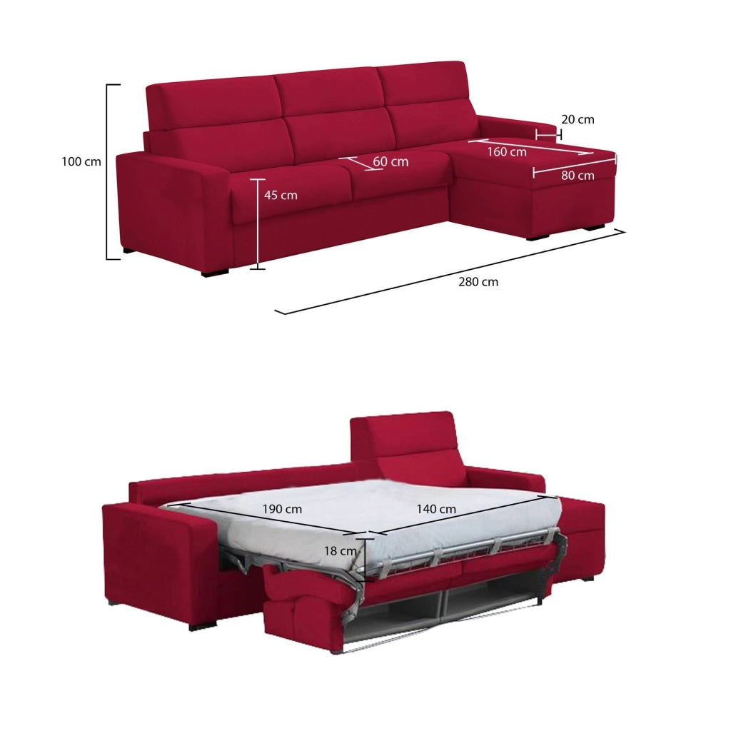 Celleno, Divano Letto con Penisola Sfoderabile Made in Italy, 280x160 cm Rosso
