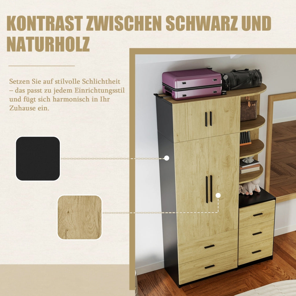 Armadio con asta appendiabiti, 5 cassetti, mobile contenitore, finitura effetto legno, colore legno naturale e nero