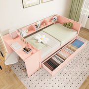 DESMIU Letto combinato letto singolo 1 posto con scrivania, 2 cassetti e 3 ripiani, 90 × 200 cm, senza materasso, rosa