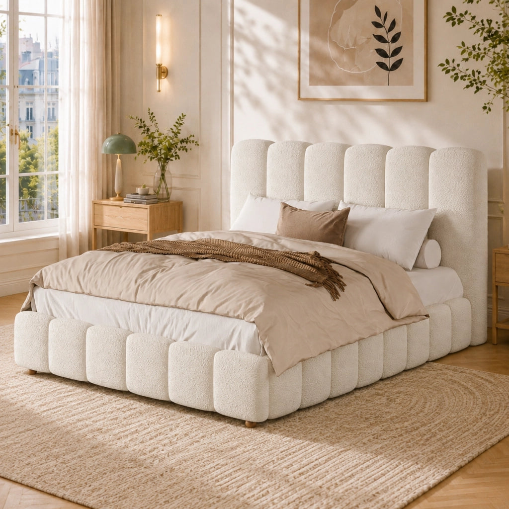Letto imbottito con contenitore idraulico e testiera, 140x200 cm, bouclé bianco