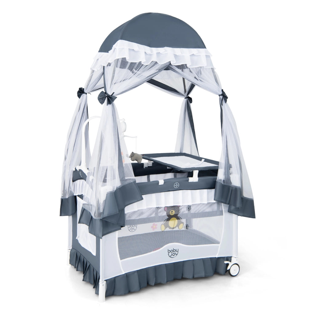 Culla neonati 4 in 1 convertibile fasciatoio zanzariera rimovibile-Lettino viaggio pieghevole ruote carillon borsa Grigio