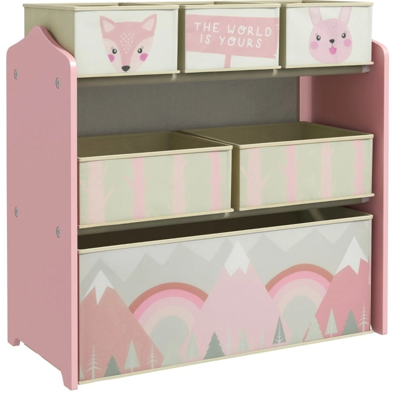 Scaffale per bambini 63x30x66 cm con 6 scomparti; design simpatico in legno rosa