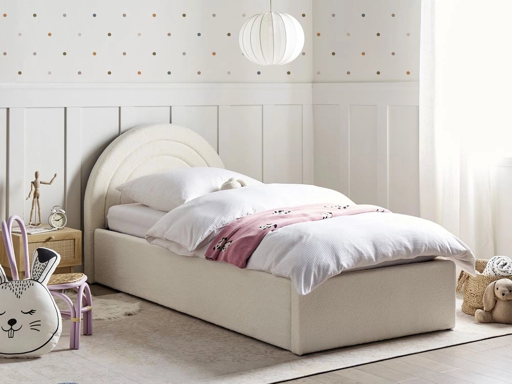 Letto singolo con testiera semicircolare in bouclé 90x200 cm base a doghe Testiera a Mezza Luna con contenitore