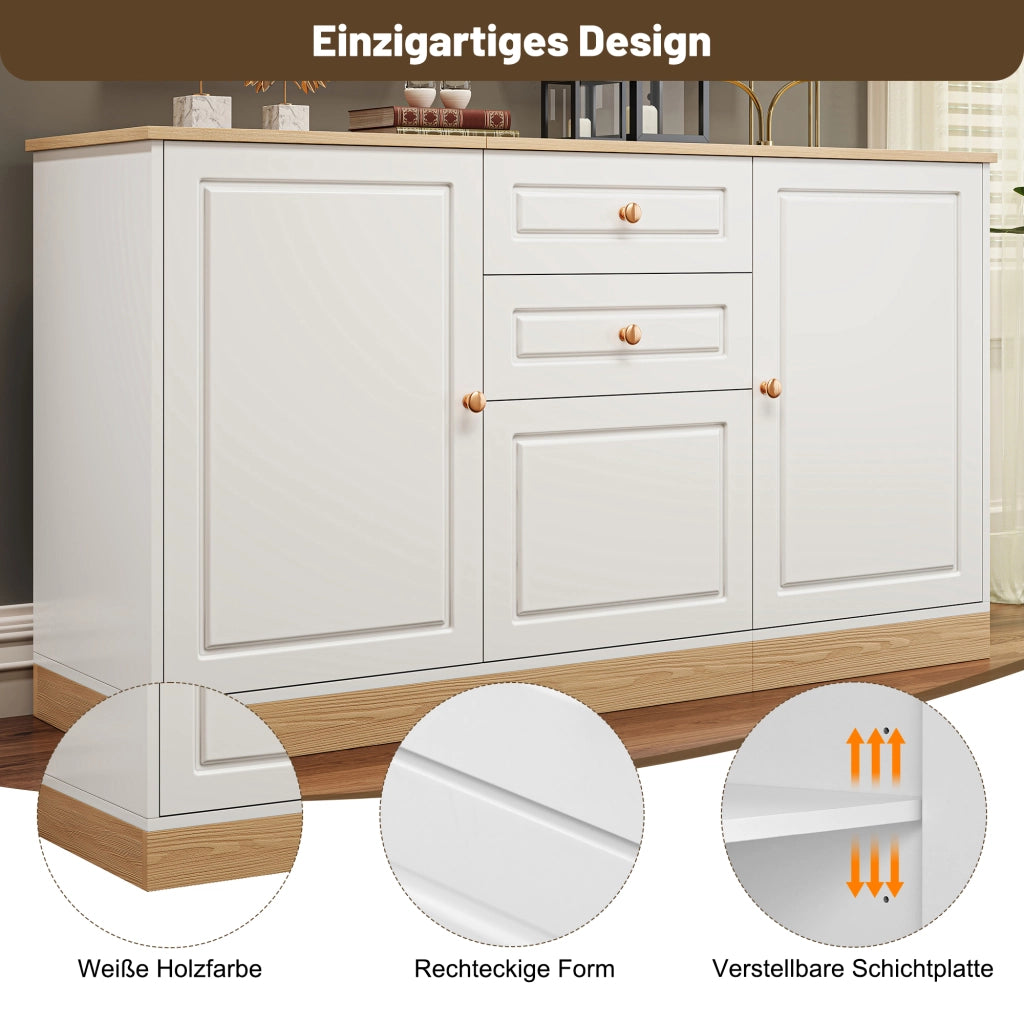 Credenza con due ante e due cassetti in pannello truciolare bianca e effetto legno 135,5 × 39 × 76 cm