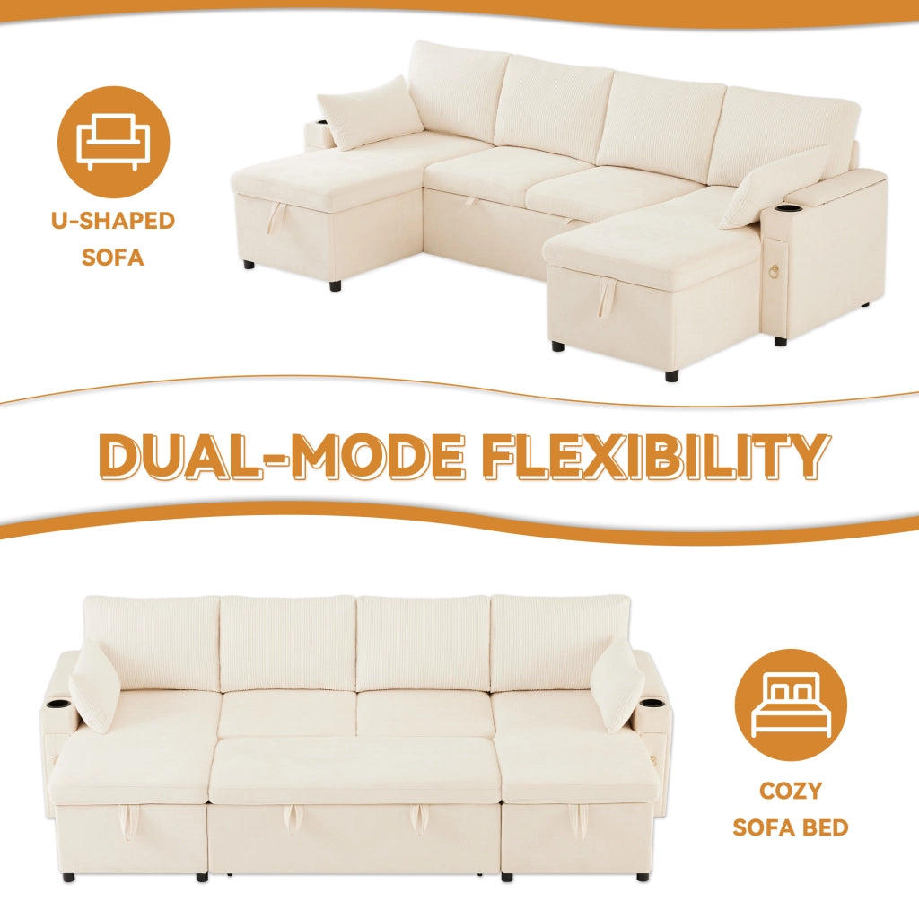 Divano angolare convertibile 4 posti con vano contenitore, portabicchieri e cuscini, in Chenille e Corduroy Beige