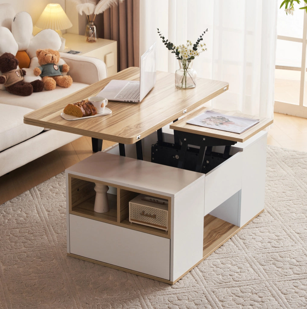 Tavolino da caffè elevabile 100 cm bianco e legno con 2 cassetti