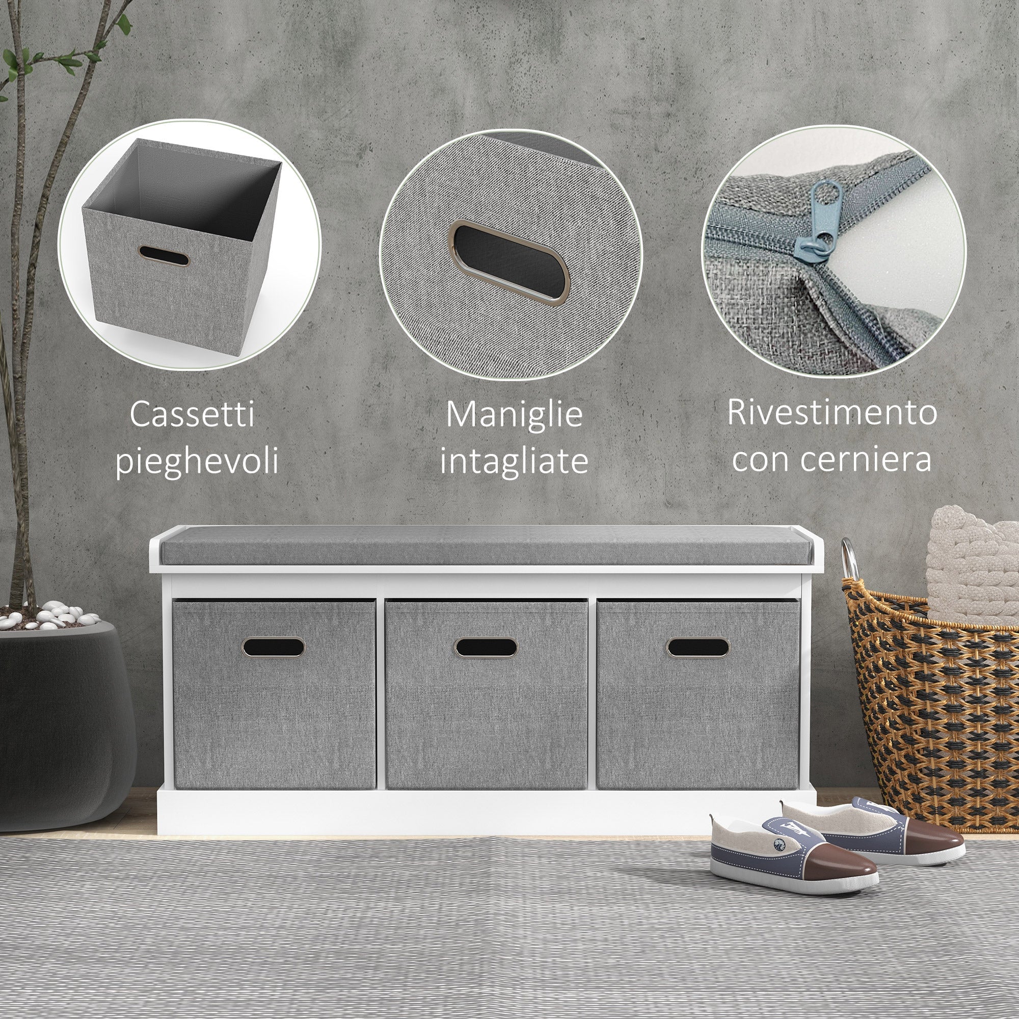 Panca Scarpiera 105x35x47 cm 3 Ceste e Seduta Imbottita in Legno Bianco e Grigio