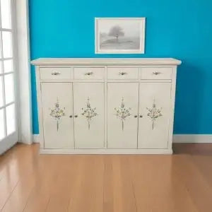 Credenza madia buffet mod Lia in legno Shabby chic bianco anticato decorato fiori