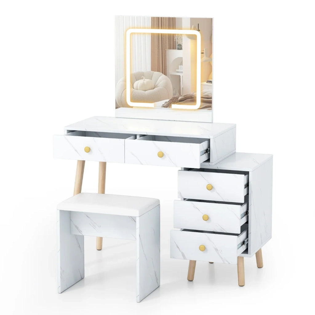 Mobiletto da toeletta con specchio quadrato 55 x 55 cm 5 cassetti per un pratico contenimento stile moderno finitura effetto marmo in MDF bianco 20_0017450