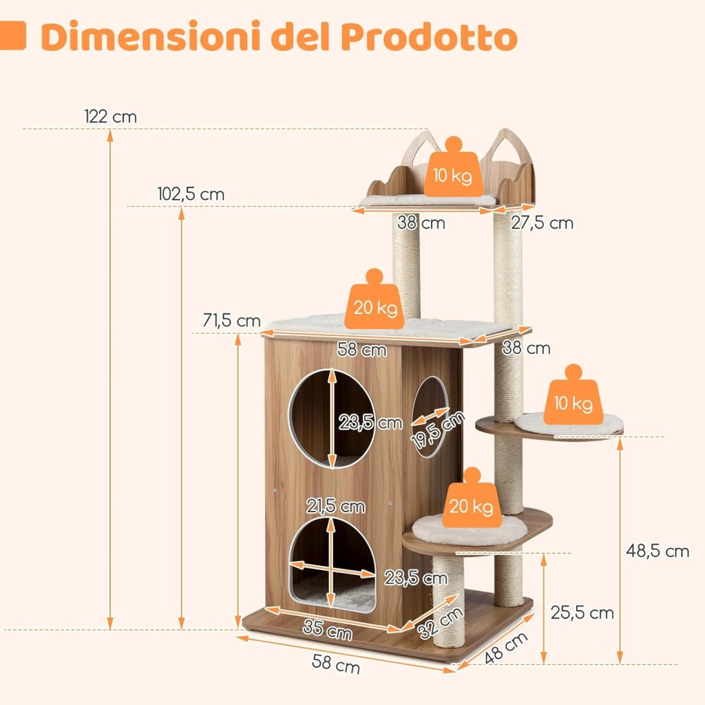 Albero per Gatti in Legno, Tiragraffi per Gatti per Interno con Condominio a 2 Piani, Piattaforma Superiore a Forma di Testa di Gatto, Posti per Grattare in Sisal e 3 Piattaforme con Cuscini