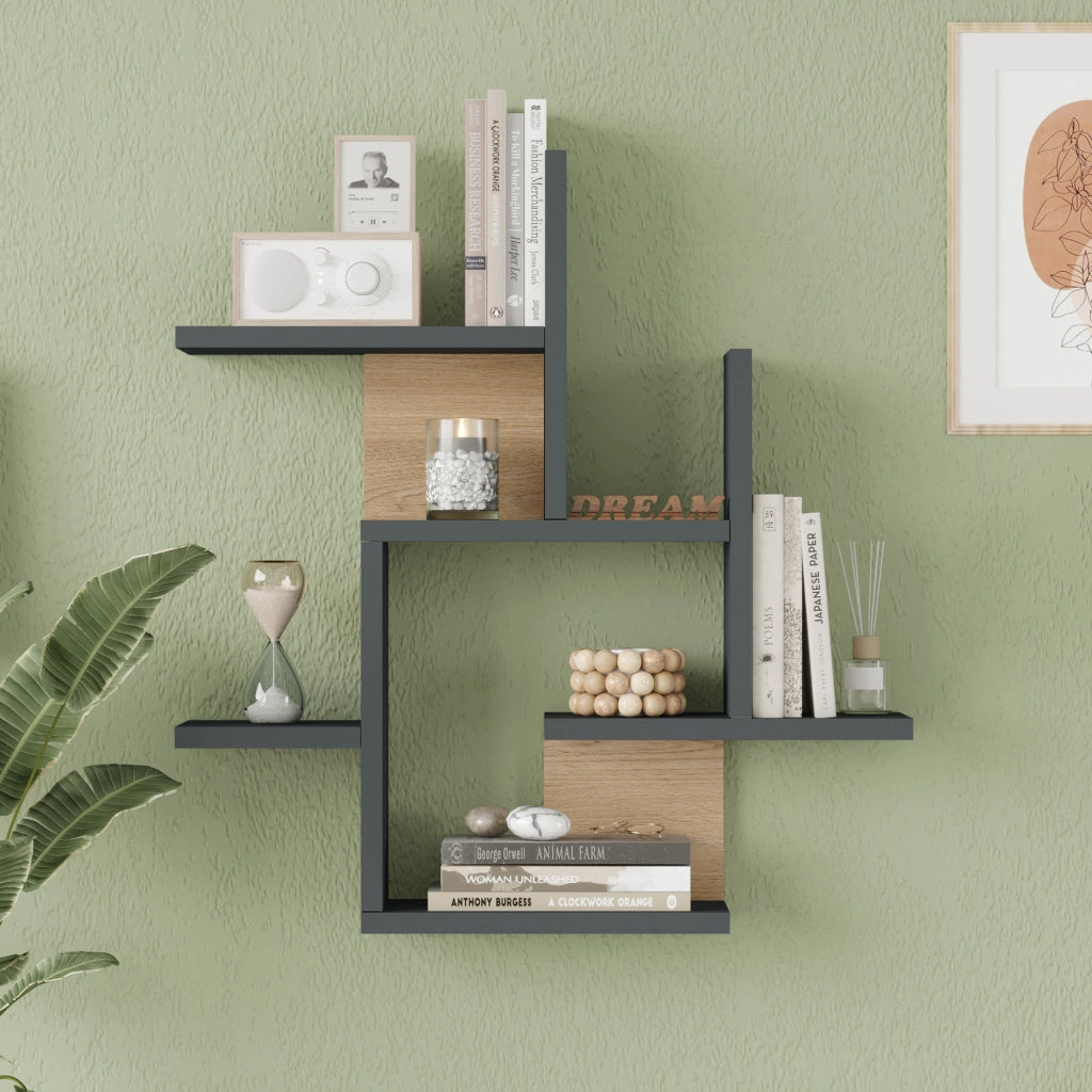 Scaffale da Parete Reyna Libreria da Muro 66 x 63 x 15 cm Antracite / Effetto Legno [en.casa]