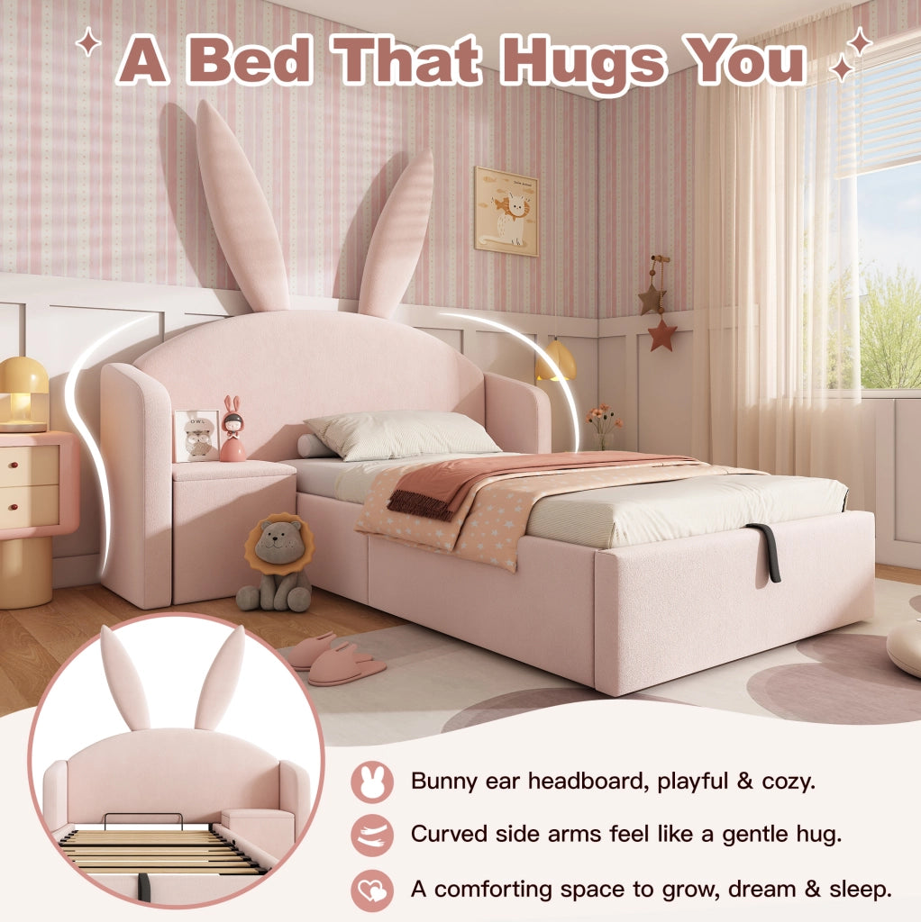 Letto contenitore 90x200 cm in velluto rosa con comodino contenitore