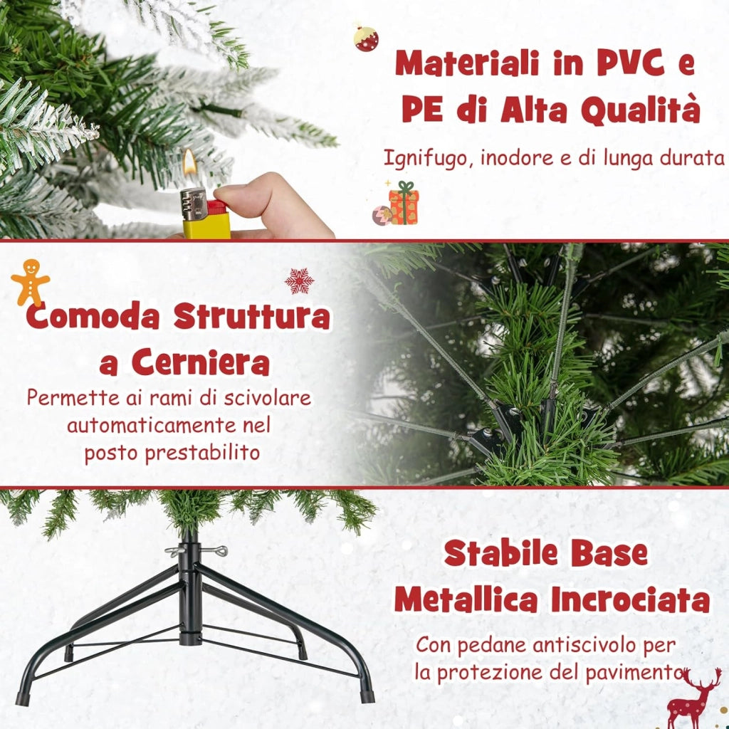 Albero di Natale Slim Pre-Luminoso 190 CM, Albero di Natale Artificiale Innevato con 280 Luci LED Bianche Calde, Rami Articolati e 671 Punte e 60 Pigne, Ideale per Casa, Negozio e Ufficio