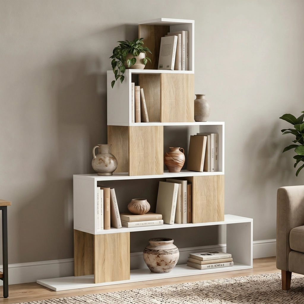 Libreria Moderna 120x22x131,5 cm a 5 Ripiani con Design a Gradini Bianco e Legno