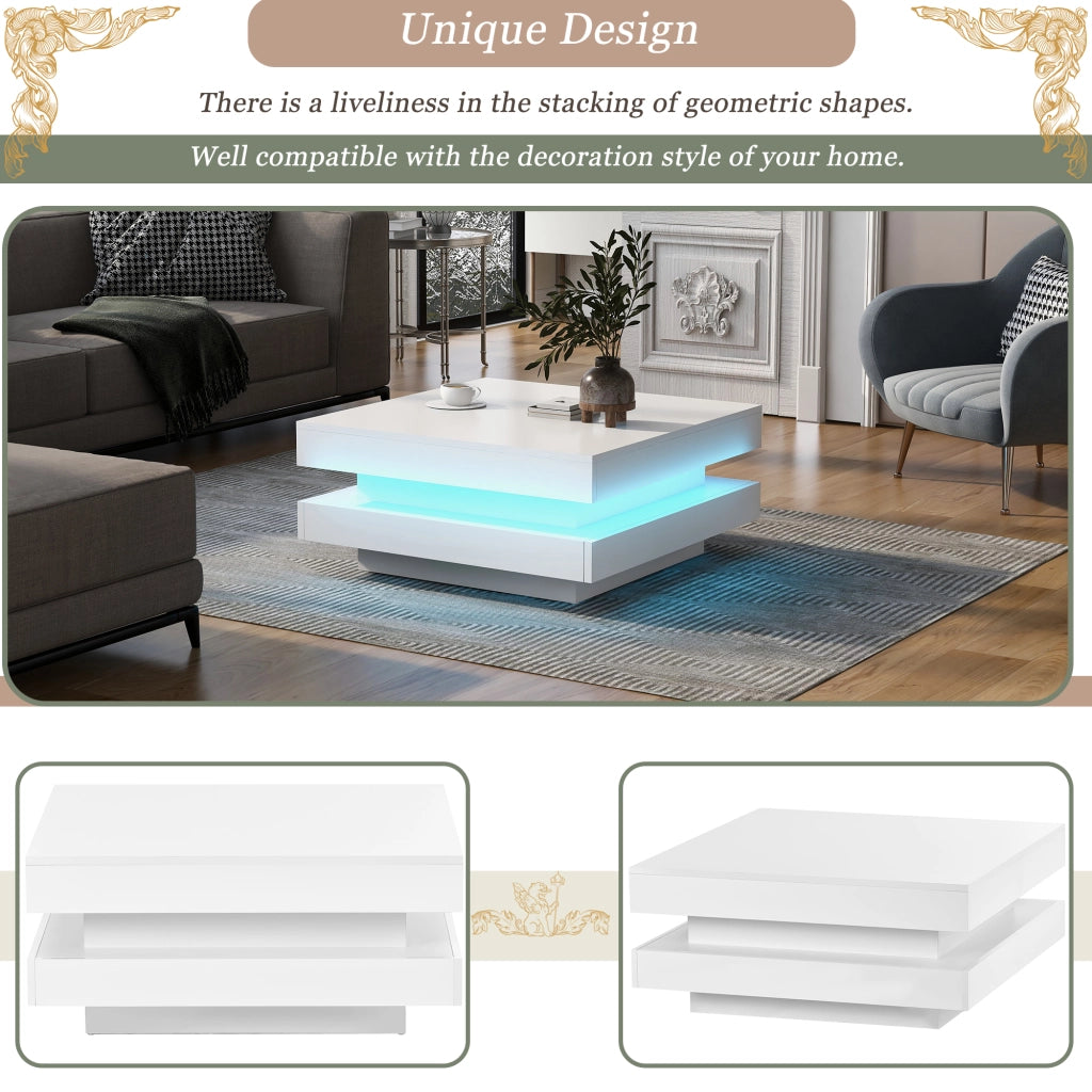 Tavolino basso quadrato lucido con piano girevole a 360° e LED, per soggiorno, bianco, 70 × 70 × 36 cm
