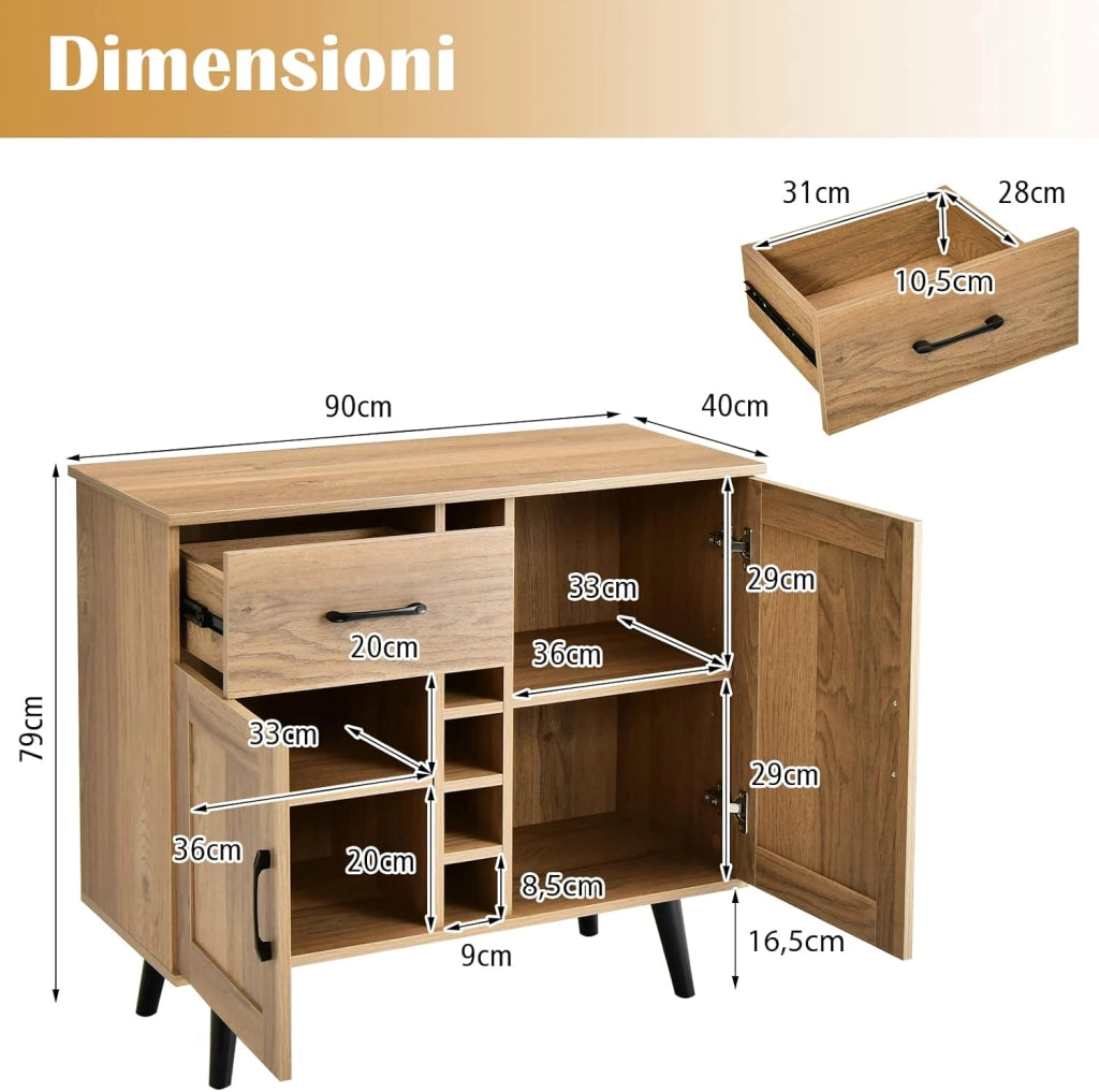 Credenza Buffet Mid Century, Cantinetta Porta bottiglie da 6 Vini, con Cassetto Estraibile e Ripiani Regolabili, Mobile Bar da Cucina e Soggiorno, 90 x 40 x 79 cm, Naturale