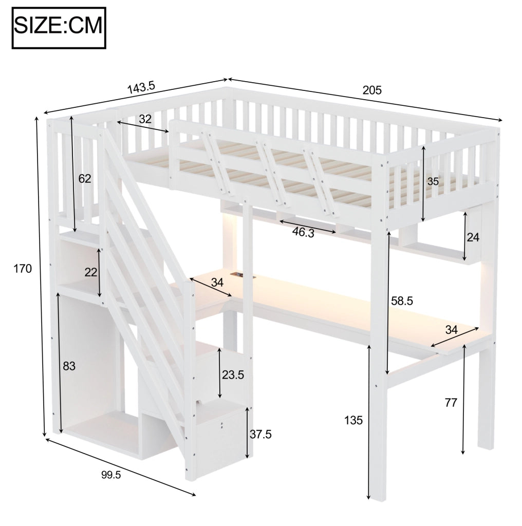 Letto a soppalco 90x200 cm con scrivania; scala contenitore e LED; bianco