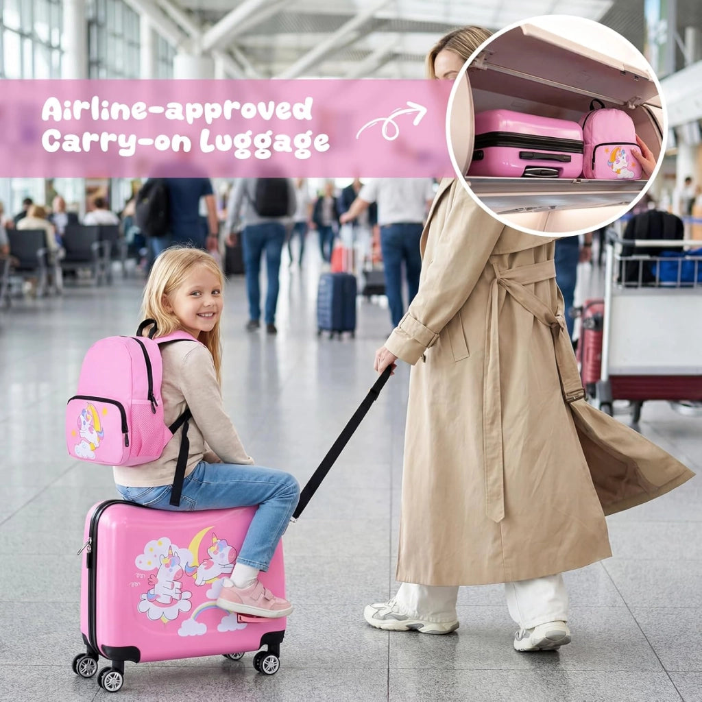 Set di Valigia Cavalcabile 18’’ + Zaino 12’’ per Bambini 2 Pezzi, Bagagli 2-in-1 di con Maniglia Telescopica e 4 Ruote, Trolley Bagaglio a Mano e Zaino per Bambini (Rosa Unicorno)