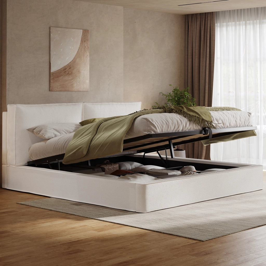 Letto matrimoniale 180x200 cm con contenitore; testiera imbottita; boucl茅 beige