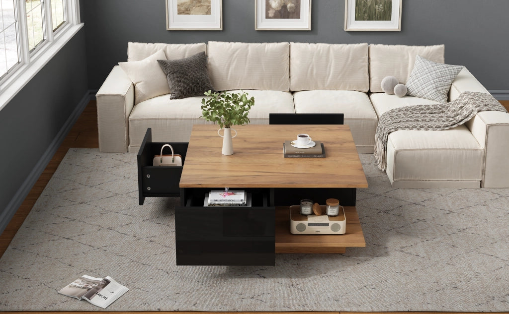 Tavolino basso quadrato con 3 cassetti e vano aperto, finitura lucida, per soggiorno, nero e legno, 70 × 70 × 31,5 cm