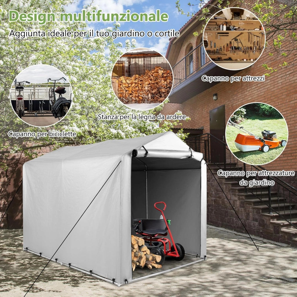 Capanno di Stoccaggio per Esterni, Garage Portatile per Biciclette, Motociclette, Attrezzi da Giardino, Carport per Bici con Porta a Rullo e Cerniera, 160 x 218 x 164 cm (Grigio Argento)