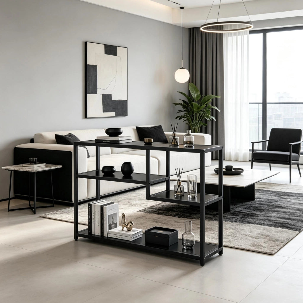 TAVOLO CONSOLLE 110x30x85 cm 4 Ripiani Nero Metallo e Legno