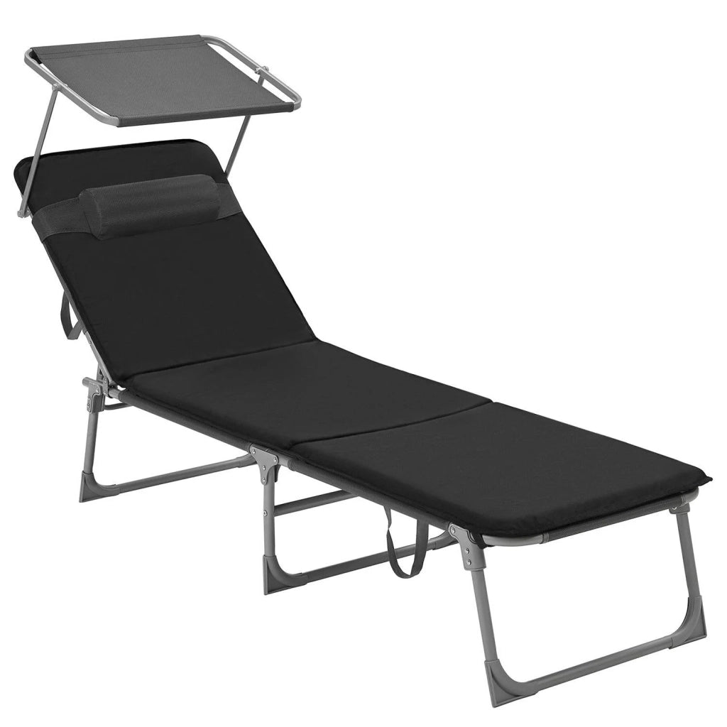Lettino prendisole/sdraio con materasso da 3 cm cuscino per lo schienale e ombrellone inclinabile pieghevole 53 x 193 x 29,5 cm portata 150 kg per giardino nero 12_0001537