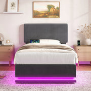 Letto imbottito 90x200 cm in tessuto corduroy grigio scuro con testiera regolabile; LED e USB-C