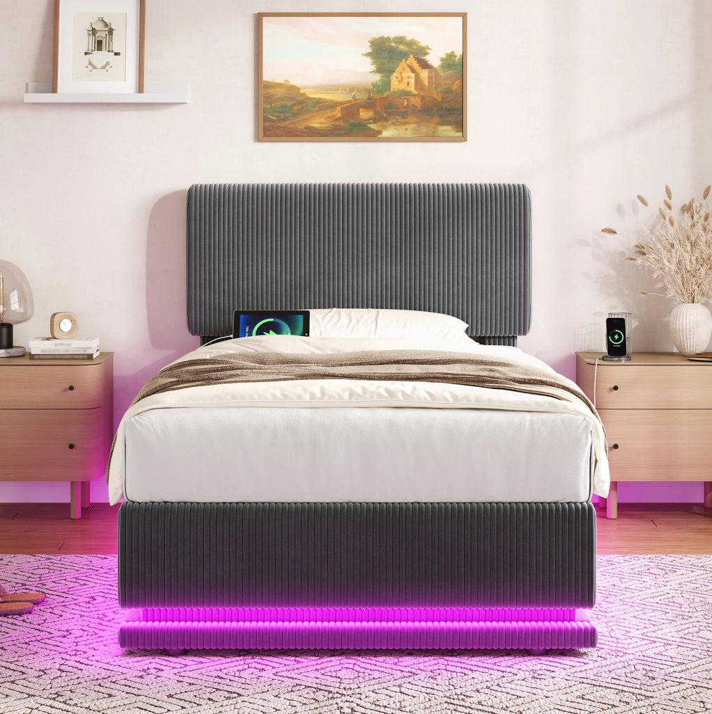 Letto imbottito 90x200 cm in tessuto corduroy grigio scuro con testiera regolabile; LED e USB-C