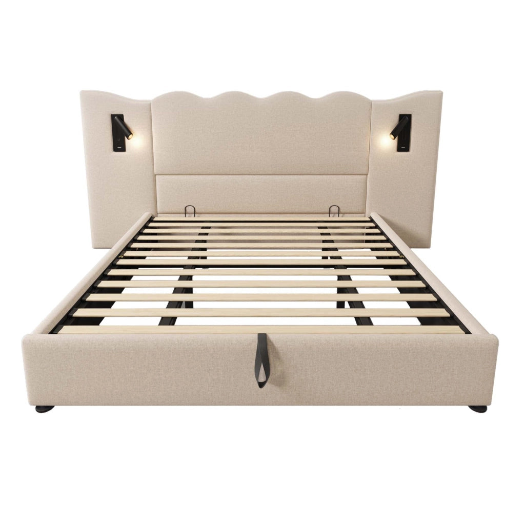 Letto contenitore 180x200 cm con lampada da lettura e ricarica USB e Type-C in lino beige