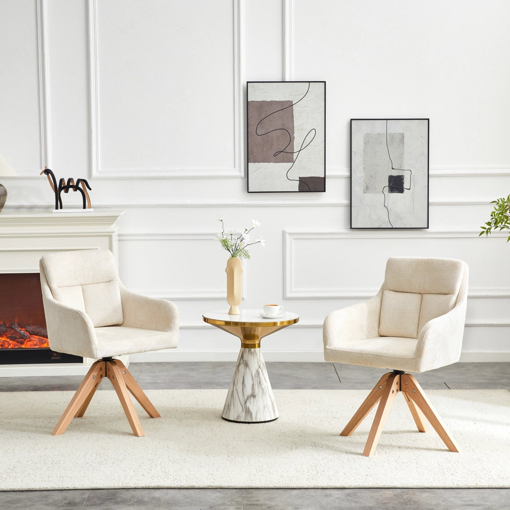 Sedia da Pranzo Set da 2 Girevole a 360° con Schienale Alto e Braccioli in Tessuto Bianco e Legno