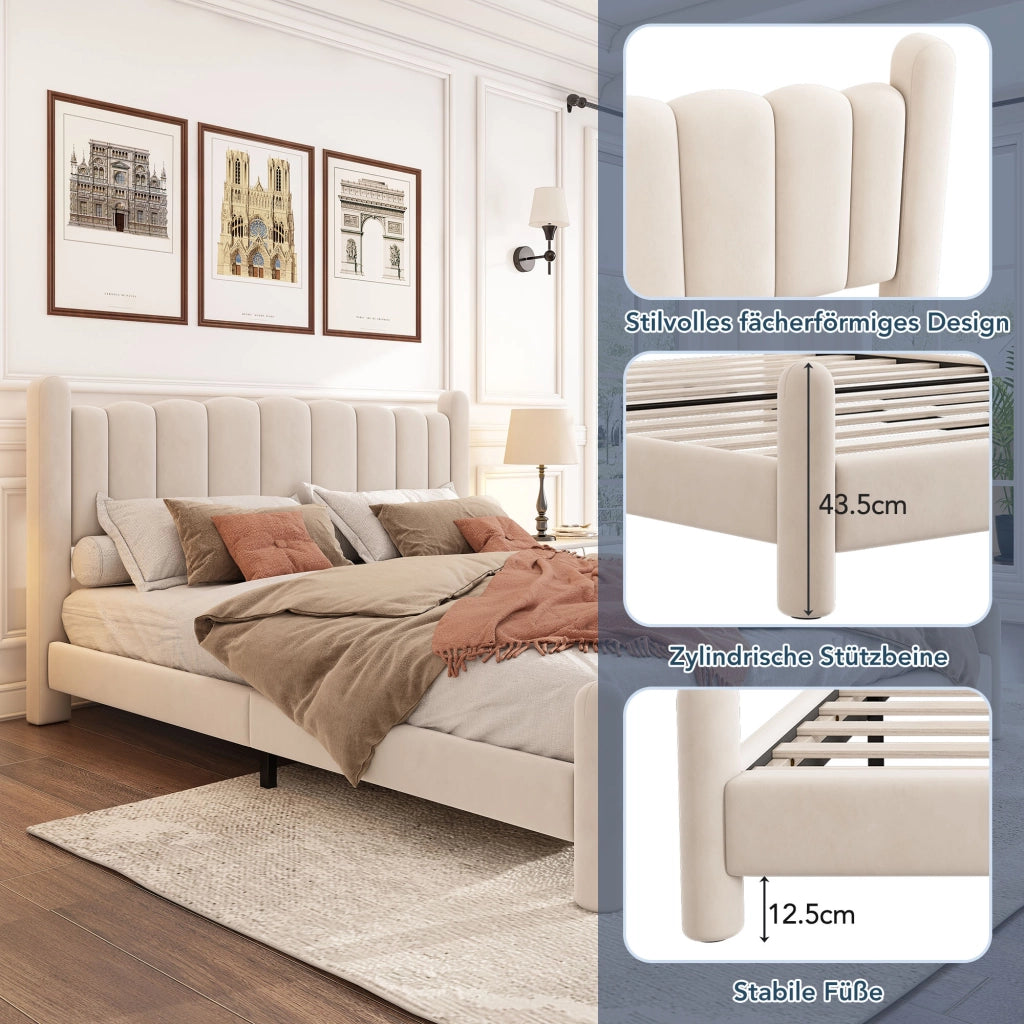 OKWISH Letto Imbottito 160×200 cm, Letto Matrimoniale con Testiera Ondulata e Gambe Cilindriche, senza Materasso, in Velluto, Beige